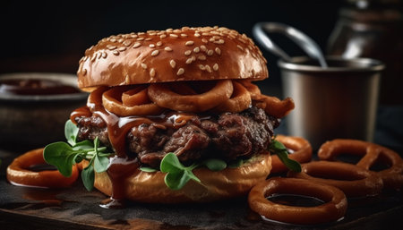 Grilled beef burger with cheese and fries generated by artificial intelligenceの素材