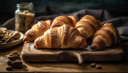 Rustic French baked goods on wooden table generated by artificial intelligenceの素材
