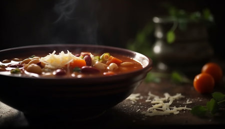 Healthy vegetarian soup served in rustic crockery generated by artificial intelligenceの素材