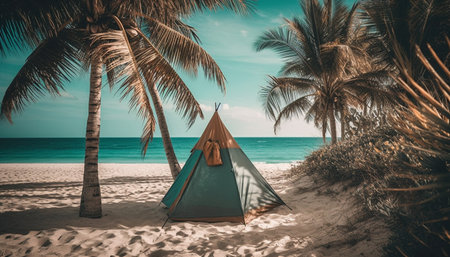 Idyllic palm tree tent on tranquil coastline generated by artificial intelligenceの素材