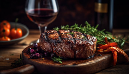 Grilled sirloin steak with organic vegetable plate generated by artificial intelligenceの素材