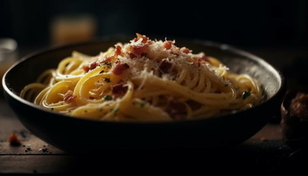 Freshly cooked pasta with parmesan and herbs generated by artificial intelligenceの素材