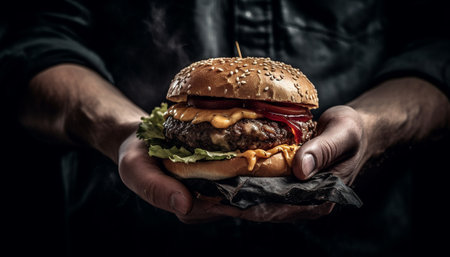 Hand holding grilled cheeseburger on background generated by artificial intelligenceの素材