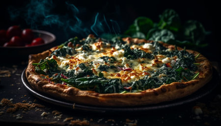 Freshly baked homemade pizza on rustic wood table generated by artificial intelligenceの素材
