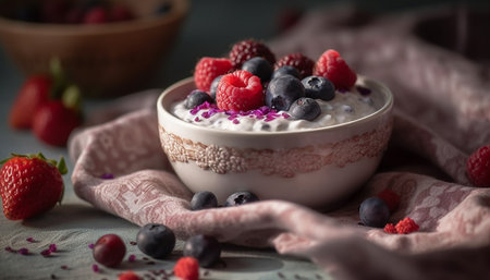Fresh berry parfait on rustic wooden table generated by artificial intelligenceの素材