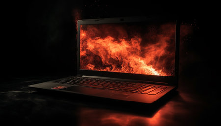 Glowing laptop burning on dark wooden desk generated by artificial intelligenceの素材