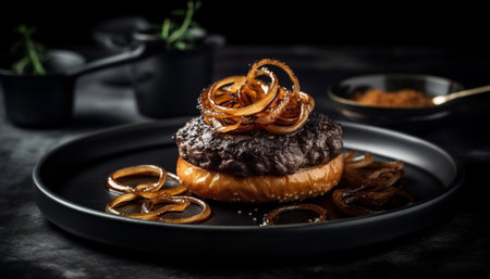 Grilled beef burger and fries, indulgent meal generated by artificial intelligenceの素材