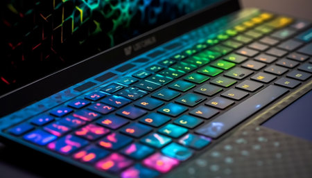 Glowing computer keyboard on dark background generated by artificial intelligenceの素材