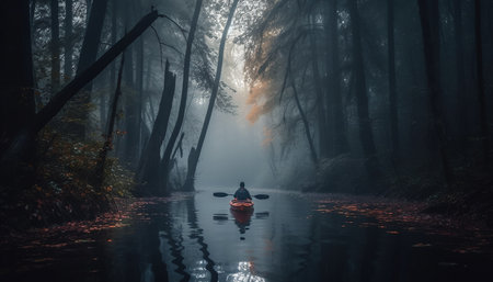 Silhouette paddling in tranquil autumn forest pond generated by artificial intelligenceの素材