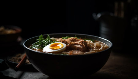 Freshly cooked gourmet soup in rustic bowl generated by artificial intelligenceの素材