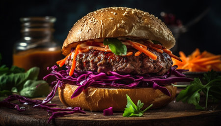 Grilled beef burger on rustic bun, homemade generated by artificial intelligenceの素材