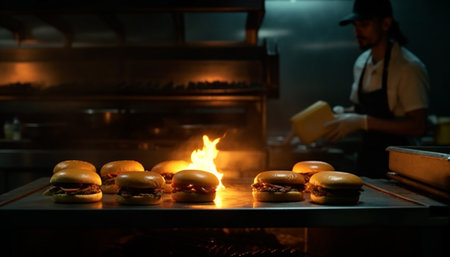 grilling meat in commercial kitchen generated by artificial intelligenceの素材