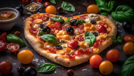 Freshly baked pizza with mozzarella and herbs generated by artificial intelligenceの素材