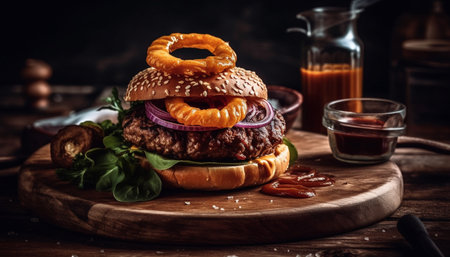 Grilled beef burger on rustic sesame bun generated by artificial intelligenceの素材