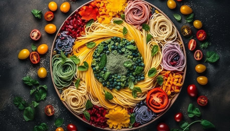 Fresh vegetarian pasta meal on rustic wooden table generated by artificial intelligenceの素材