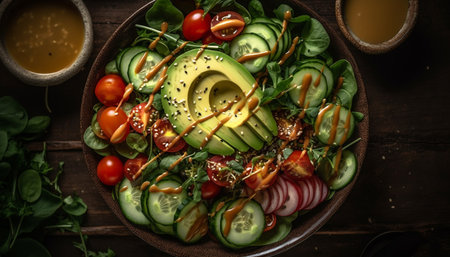 Fresh gourmet salad with organic vegetables and avocado generated by artificial intelligenceの素材