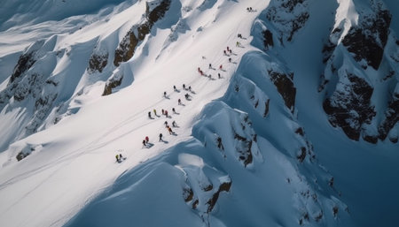 Men ski down mountain slope in winter generated by artificial intelligenceの素材