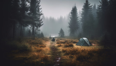 hiking through tranquil wilderness terrain generated by artificial intelligenceの素材