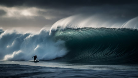 Men surfing in Bali, majestic wave spraying generated by artificial intelligenceの素材