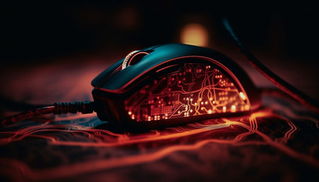Glowing computer cable illuminates futuristic industry generated by artificial intelligenceの素材