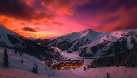Majestic mountain range illuminated by tranquil sunset generated by artificial intelligenceの素材