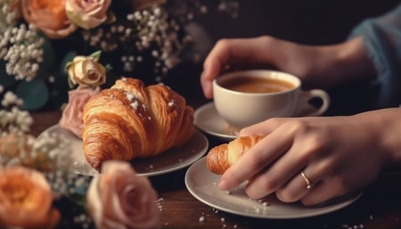 Young adult holding homemade French gourmet snack generated by artificial intelligenceの素材