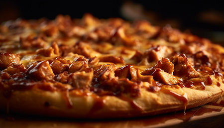 Freshly baked pizza slice on rustic wooden table generated by artificial intelligenceの素材