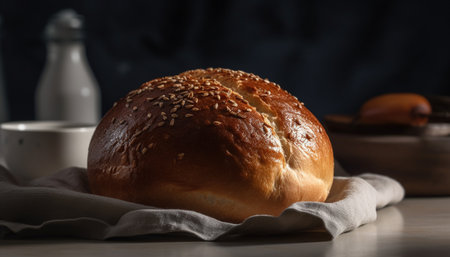 Freshly baked homemade bread on rustic wood table generated by artificial intelligenceの素材