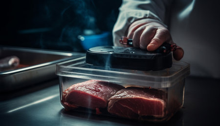 Caucasian chef grills fresh beef steak indoors generated by artificial intelligenceの素材