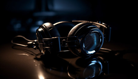 Shiny headphones playing rock music loudly generated by artificial intelligenceの素材