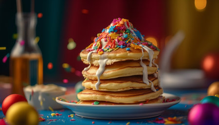 Stack of homemade pancakes with chocolate syrup generated by artificial intelligenceの素材