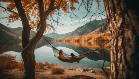 Young adults swing in hammock, enjoying nature generated by artificial intelligenceの素材