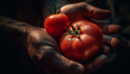 Ripe tomato held by wet hand, freshness captured generated by artificial intelligenceの素材