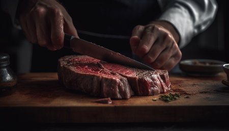 Grilled steak sliced by hand on wood generated by artificial intelligenceの素材