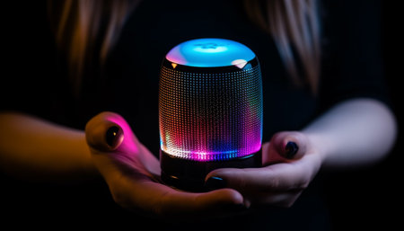 Young adult musician holding microphone on stage generated by artificial intelligenceの素材