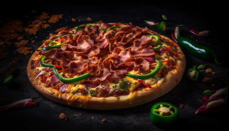 Mozzarella, salami, and tomato on homemade pizza generated by artificial intelligenceの素材