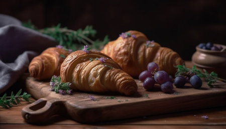 Freshly baked French croissants on rustic wooden table generated by artificial intelligenceの素材