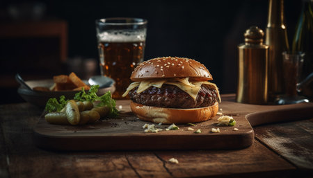 Grilled cheeseburger and fries on rustic table generated by artificial intelligenceの素材