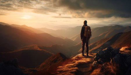 Backpackers hiking mountain peak at sunrise, success achieved generated by artificial intelligenceの素材