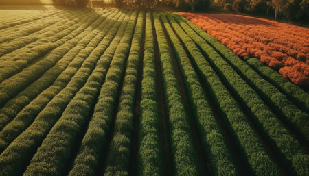 Sunset over rural farm, wheat harvest beauty generated by artificial intelligenceの素材