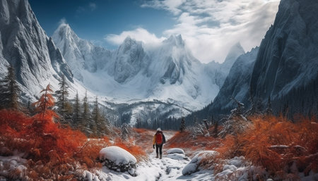hiking mountain peak in winter generated by artificial intelligenceの素材