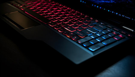 Glowing laptop keyboard illuminates dark office space generated by artificial intelligenceの素材