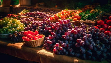 Fresh organic fruit basket with ripe berries generated by artificial intelligenceの素材