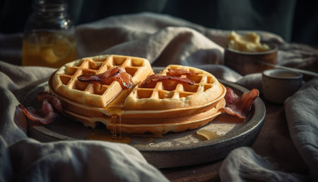 Freshly baked waffles with berries and syrup generated by artificial intelligenceの素材