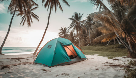 Tropical sunset over tranquil camping paradise generated by artificial intelligenceの素材