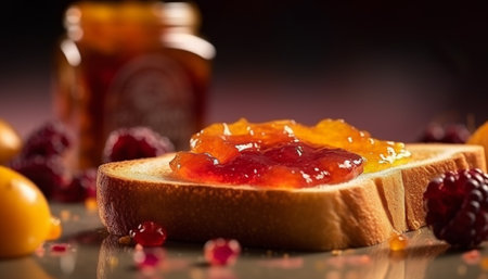 Homemade berry marmalade on fresh baked bread generated by artificial intelligenceの素材