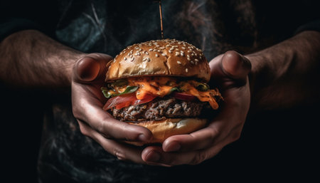 Hand holding burger, cheese oozing, mouth watering generated by artificial intelligenceの素材