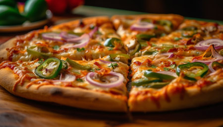 Freshly baked pizza on rustic wooden table generated by artificial intelligenceの素材