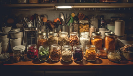 Fresh coffee beans in glass jar indoors generated by artificial intelligenceの素材