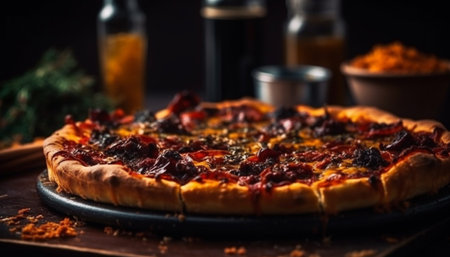 Freshly baked rustic pizza on wooden table generated by artificial intelligenceの素材